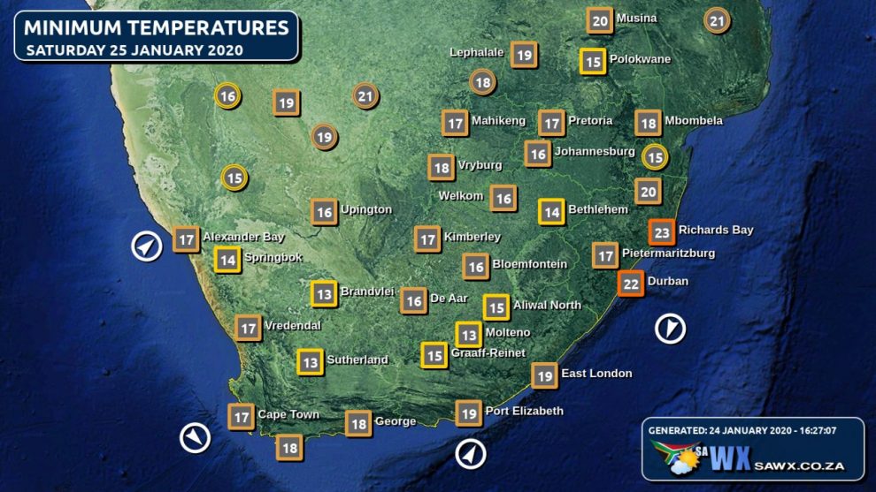 SA Weather Forecast, Alerts, Warnings, Advisories & UVB Index all provinces Sat 25 January 2020