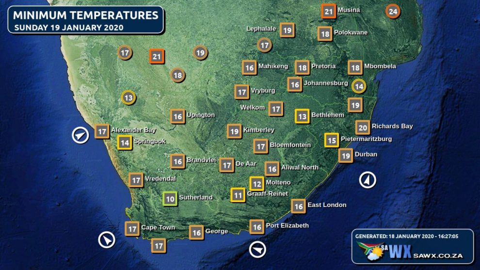 SA Weather Forecast, Alerts, Warnings, Advisories & UVB Index all provinces Sun 19 January 2020