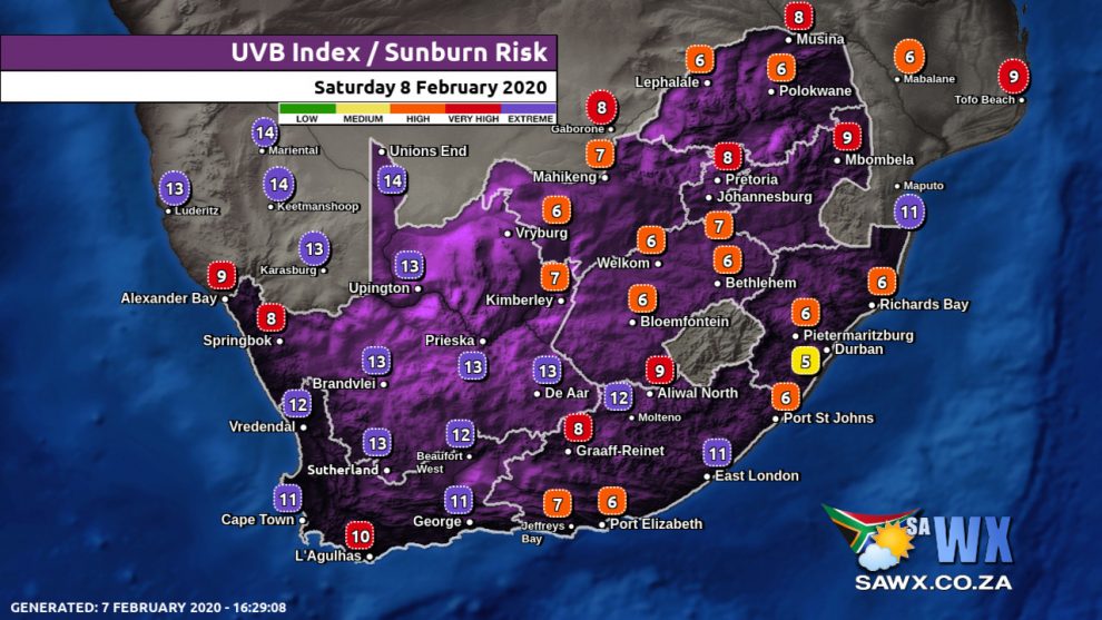 South Africa & Namibia Weather Forecast, Maps, Alerts, Warnings, Advisories & UVB Index all provinces Sat 8 February 2020