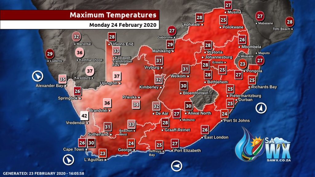 South Africa & Namibia Weather Forecast Maps Monday 24 February 2020