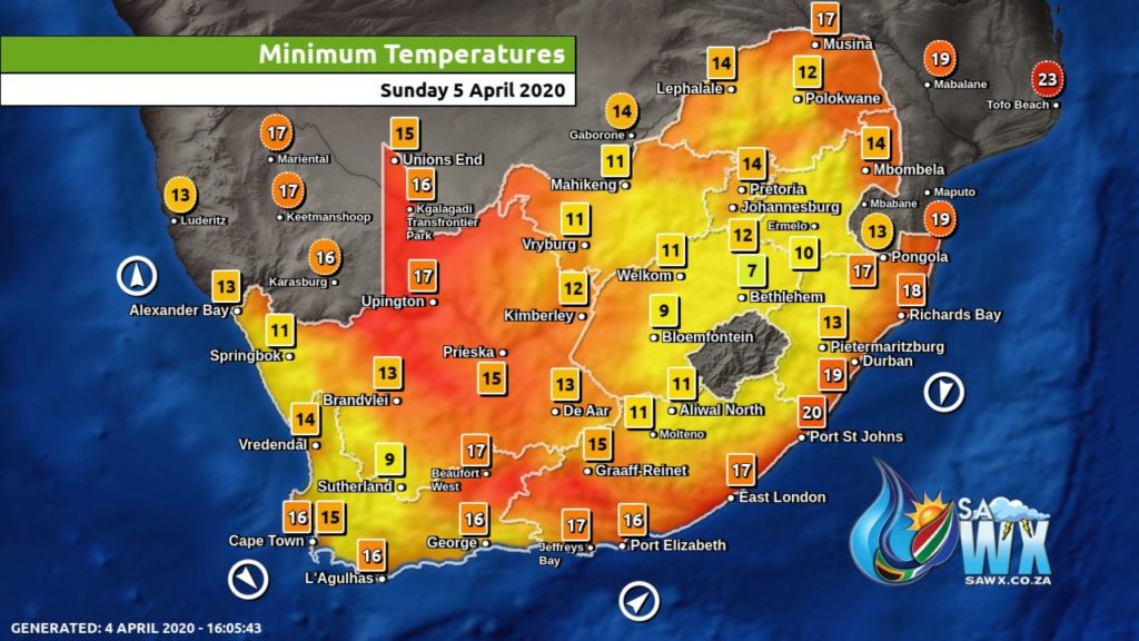 South Africa & Namibia Weather Forecast Maps Sunday 5 April 2020
