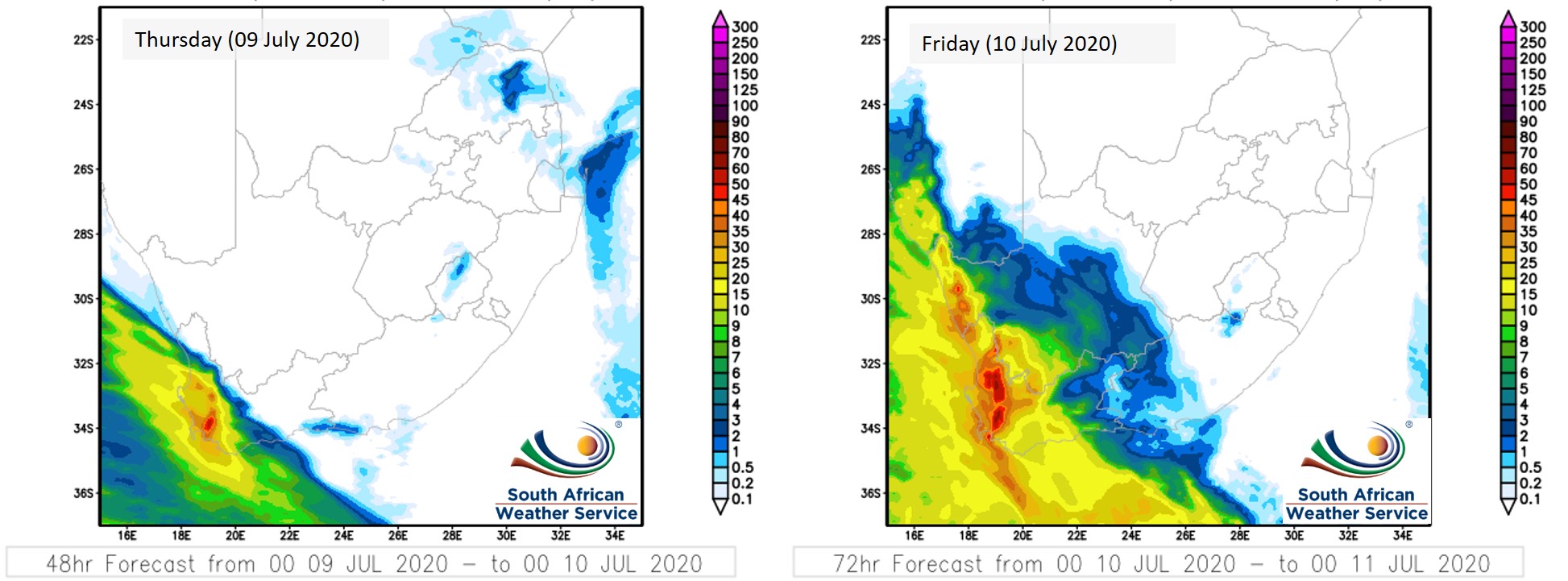 Heavy rainfall (more than 50mm) expected over the next few days especially over the western parts of the Western Cape as 2 #coldfronts make landfall. Here is the accumulated rainfall forecast for Thursday and Friday (09-10 July 2020).