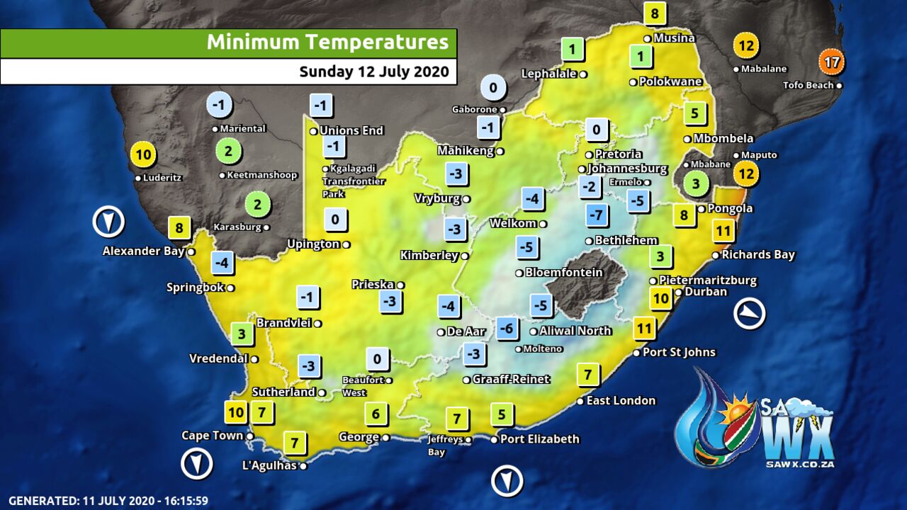 South Africa & Namibia Weather Forecast Maps Sunday 12 July 2020