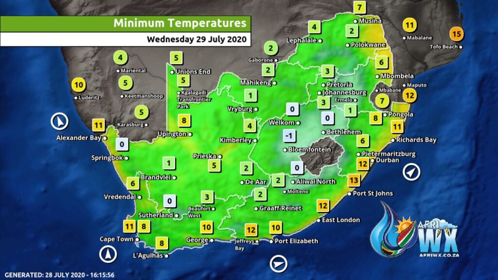 South Africa & Namibia Weather Forecast Maps Wednesday 29 July 2020