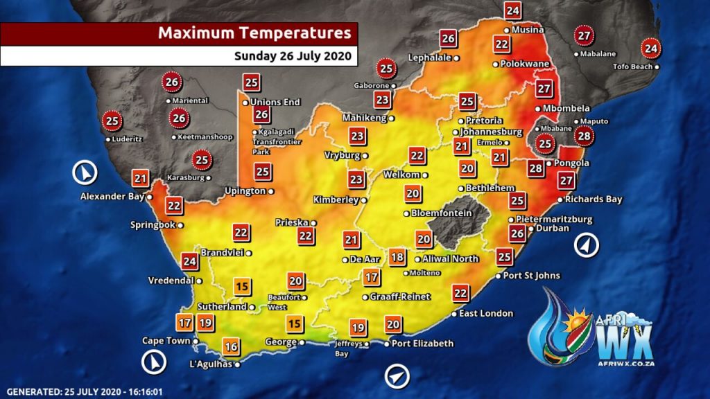 South Africa & Namibia Weather Forecast Maps Sunday 26 July 2020