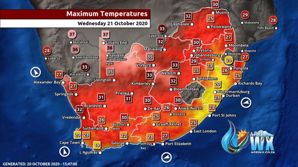 South Africa & Namibia Weather Forecast Maps Wednesday 21 October 2020