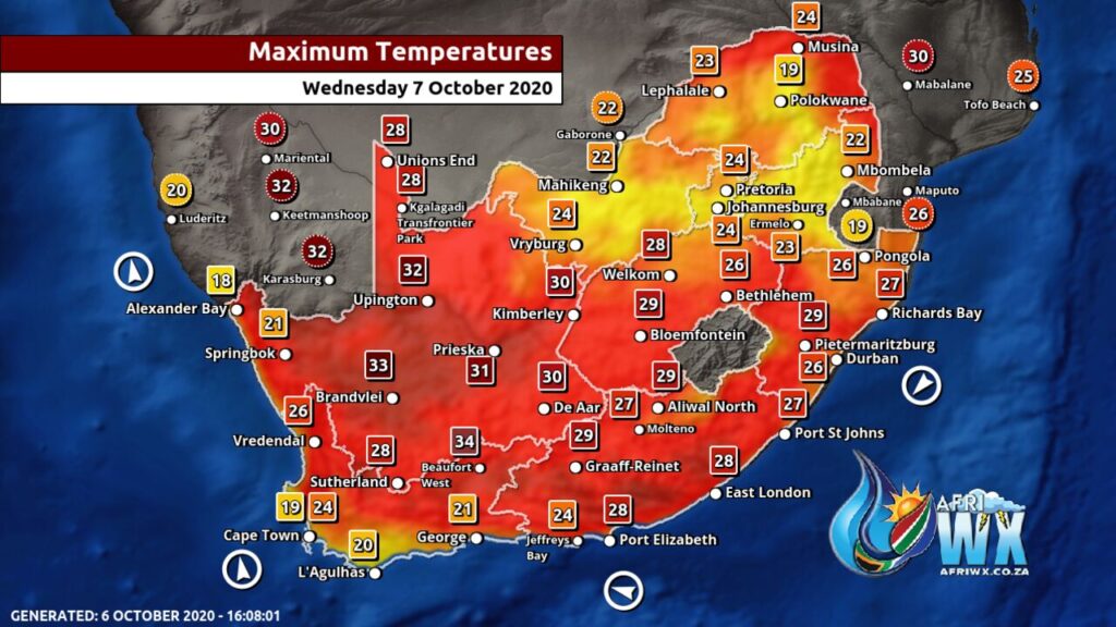 South Africa & Namibia Weather Forecast Maps Wednesday 7 October 2020