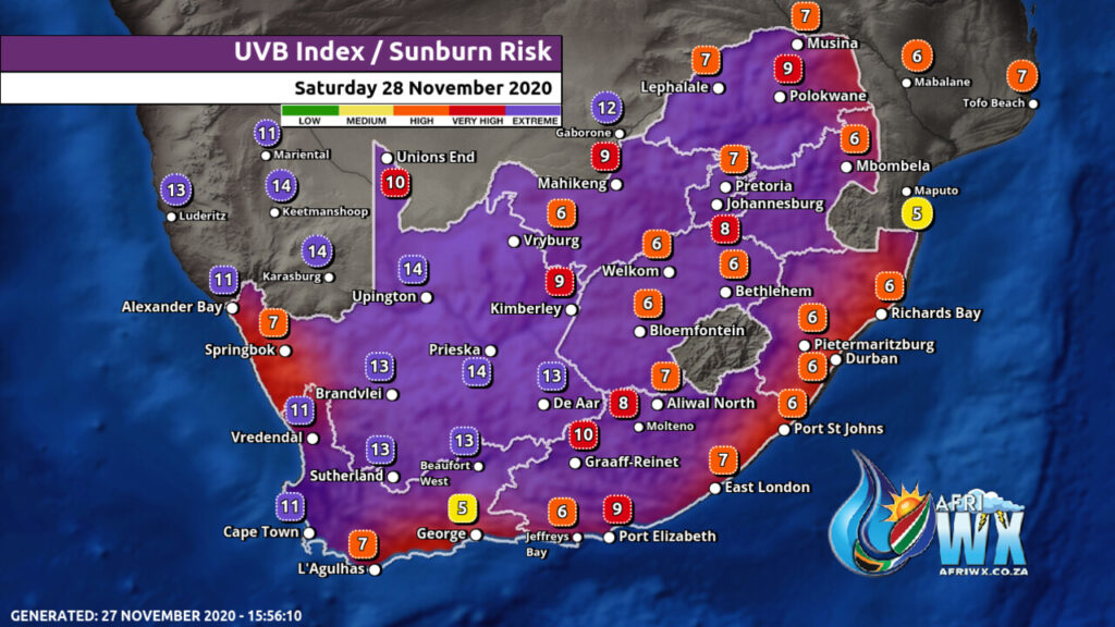 South Africa & Namibia Weather Forecast Maps Saturday 28 November 2020