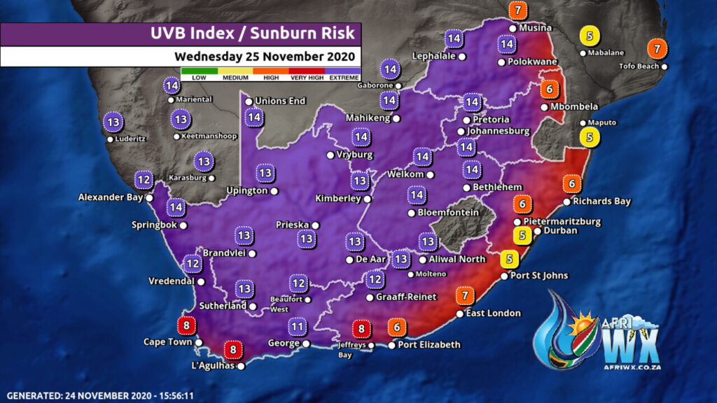 South Africa & Namibia Weather Forecast Maps Wednesday 25 November 2020