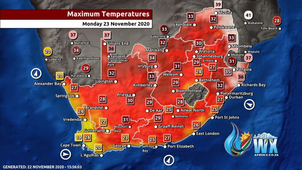 South Africa & Namibia Weather Forecast Maps Monday 23 November 2020
