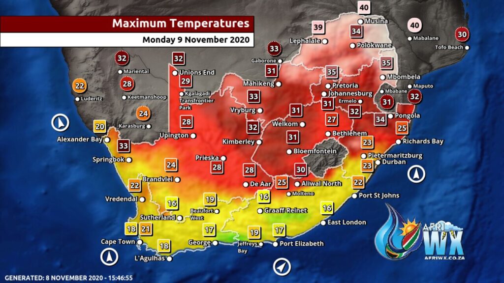 South Africa & Namibia Weather Forecast Maps Monday 9 November 2020