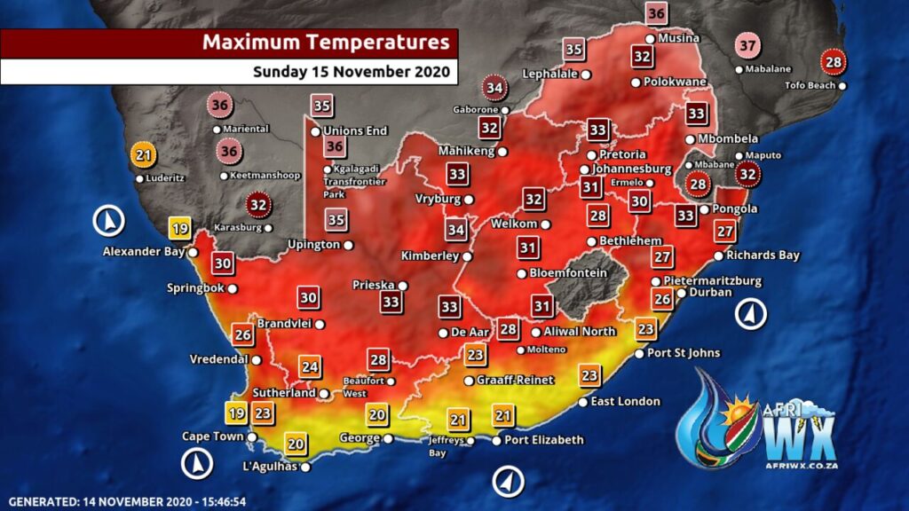 South Africa & Namibia Weather Forecast Maps Sunday 15 November 2020