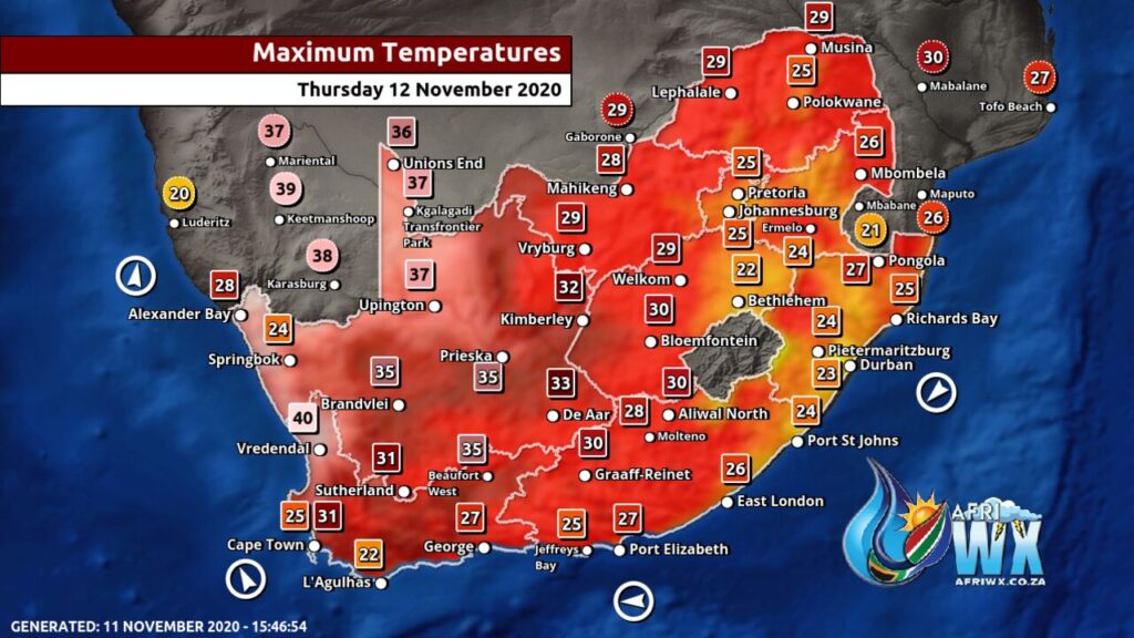 South Africa & Namibia Weather Forecast Maps Thursday 12 November 2020