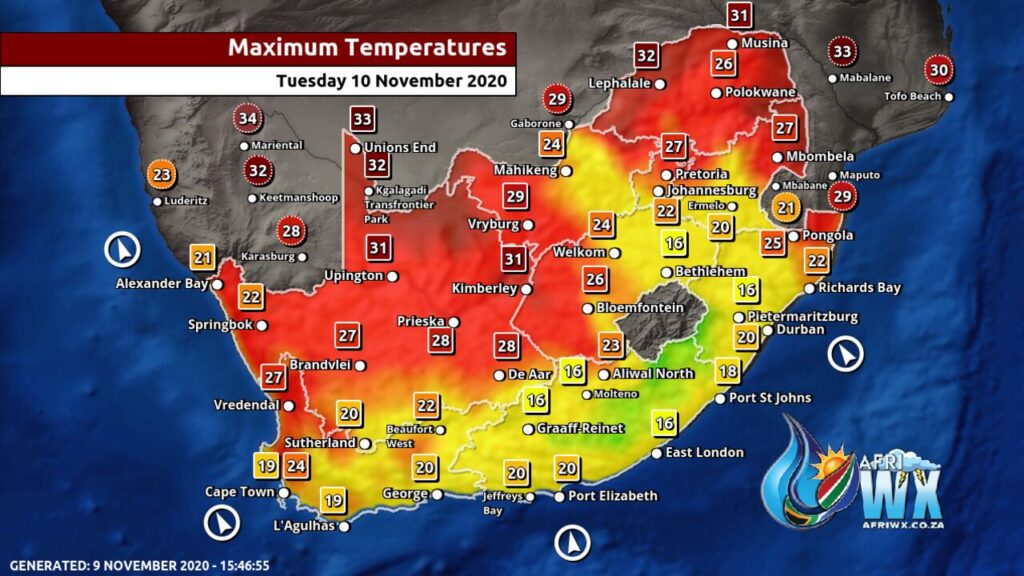 South Africa & Namibia Weather Forecast Maps Tuesday 10 November 2020