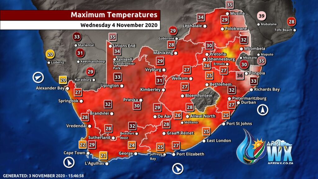 South Africa & Namibia Weather Forecast Maps Wednesday 4 November 2020