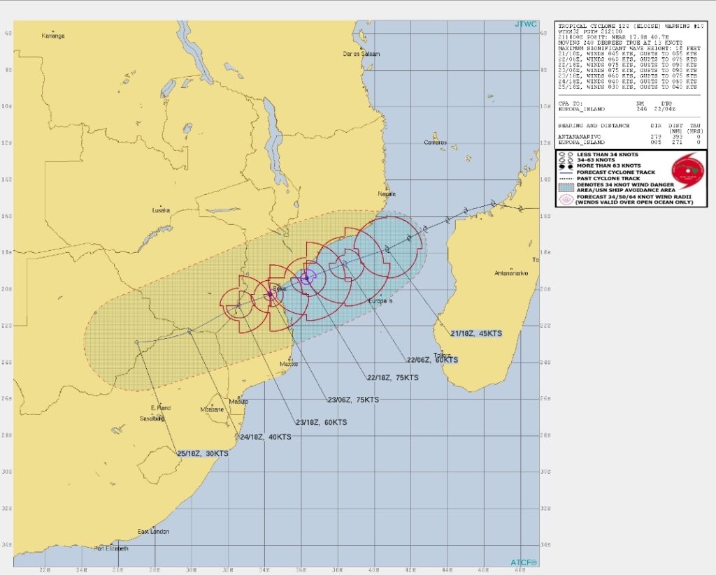 Severe tropical storm cyclone Eloise trajectory Beira Mozambique
