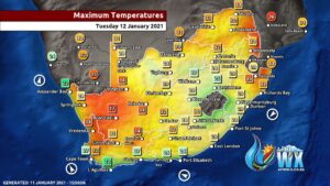 South Africa Namibia & Botswana Weather Forecast Maps Tuesday 12 January 2021