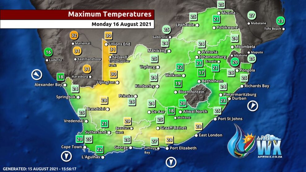 Southern Africa Weather Forecast Maps Monday 16 August 2021