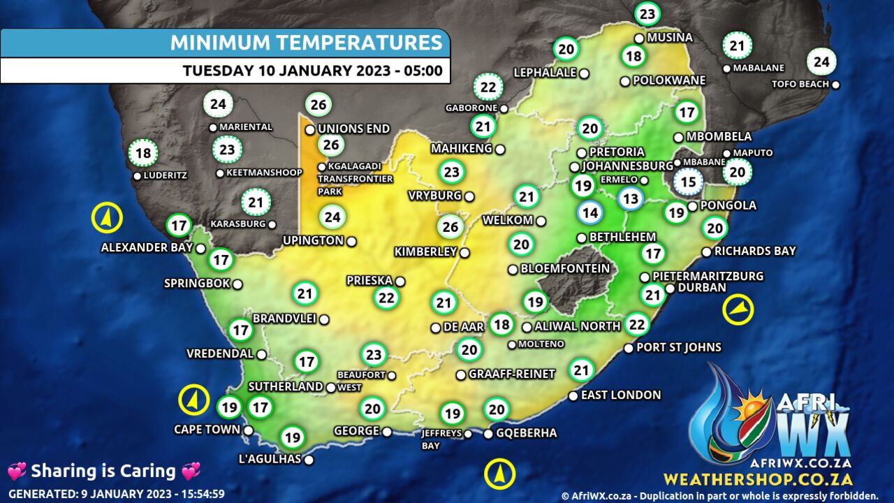South Africa Weather Minimum Temperatures Forecast Map South Africa Tuesday 10 January 2023 