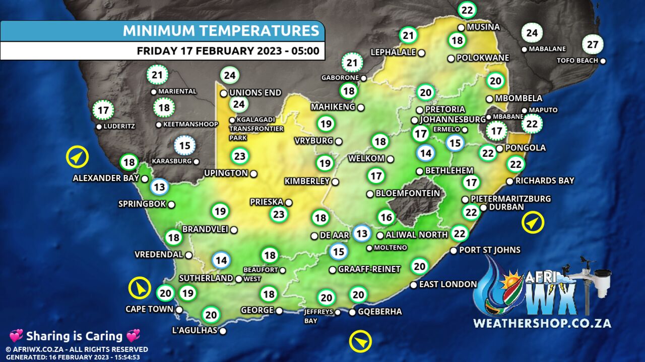 South Africa Weather Minimum Temperatures Forecast Map South Africa Friday 17 February 2023 