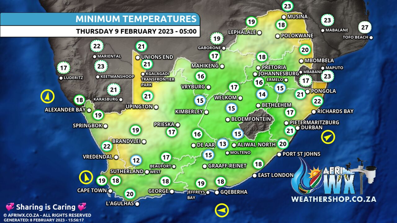 South Africa Weather Minimum Temperatures Forecast Map South Africa Thursday 9 February 2023 
