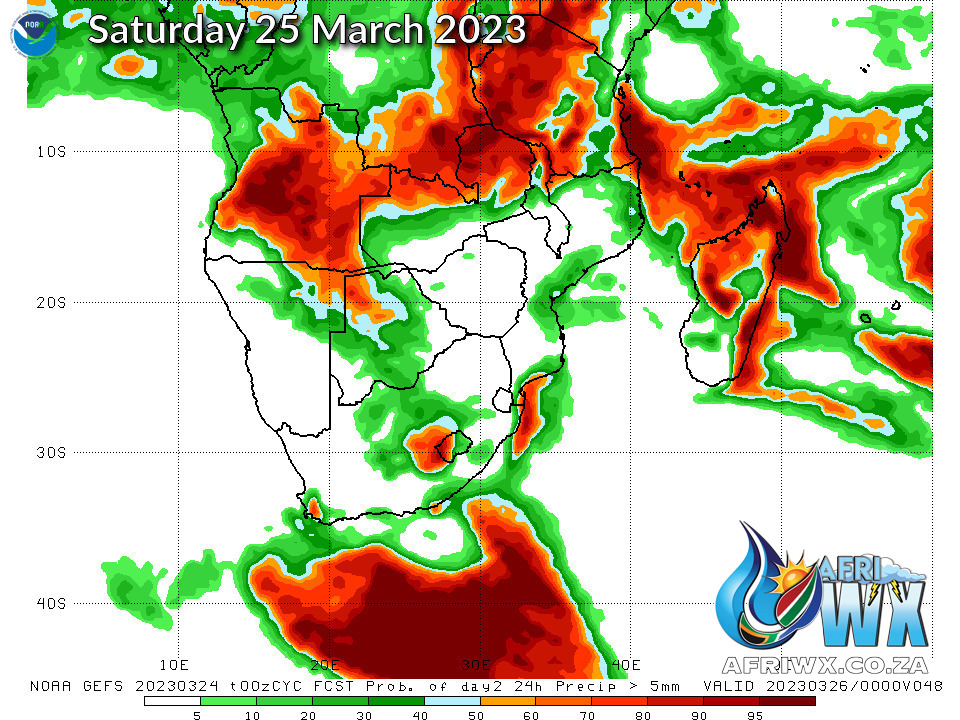 Southern Africa GEFS Rainfall Probability Forecast Map Day1 Saturday 25 March 2023 