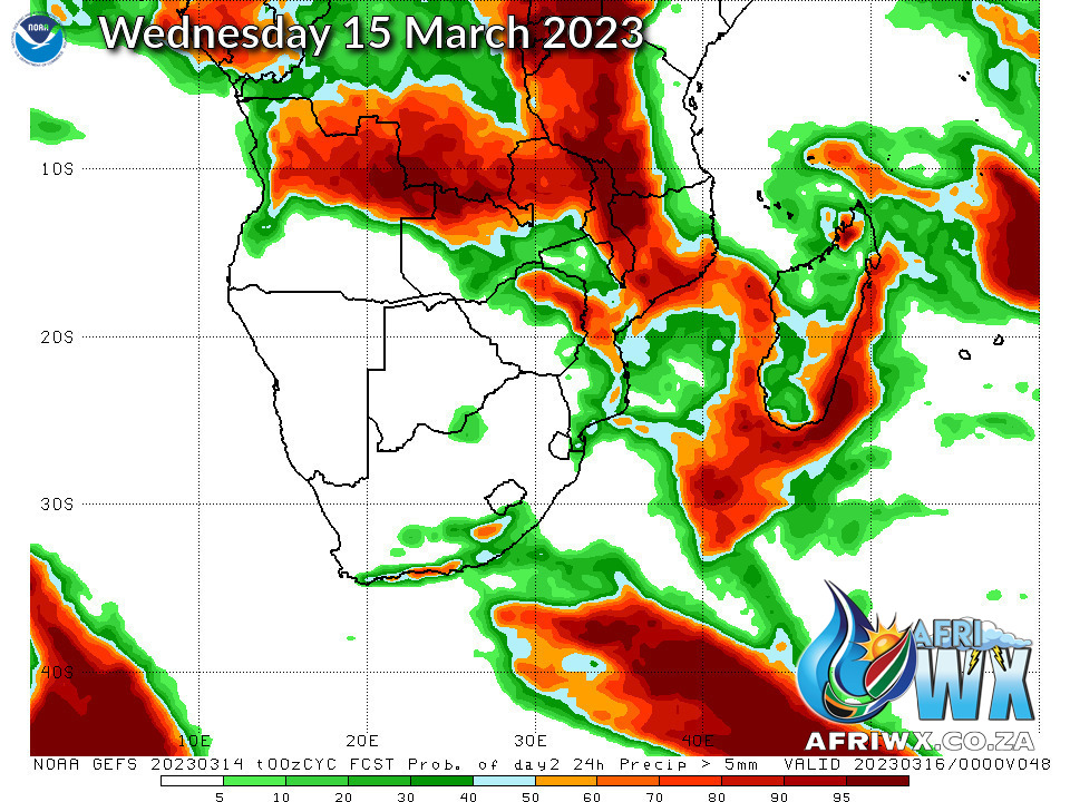 Southern Africa GEFS Rainfall Probability Forecast Map Day1 Wednesday 15 March 2023 