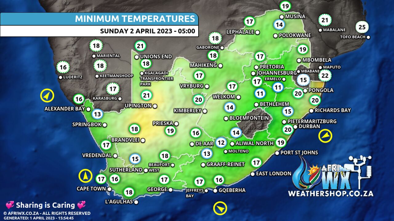 South Africa Weather Minimum Temperatures Forecast Map South Africa Sunday 2 April 2023 