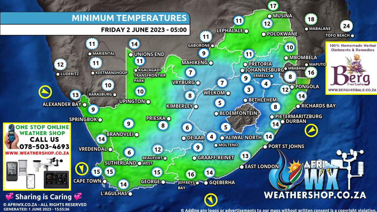 South Africa Weather Minimum Temperatures Forecast Map South Africa Friday 2 June 2023 