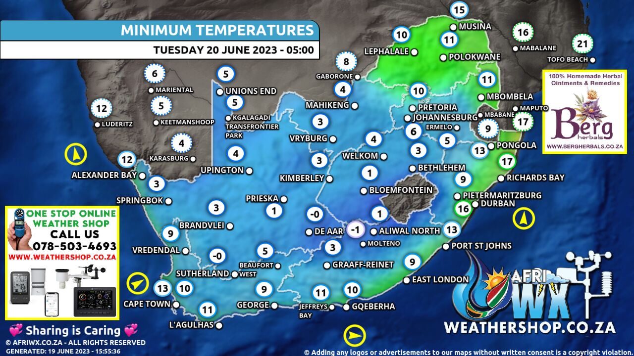 South Africa Weather Minimum Temperatures Forecast Map South Africa Tuesday 20 June 2023 