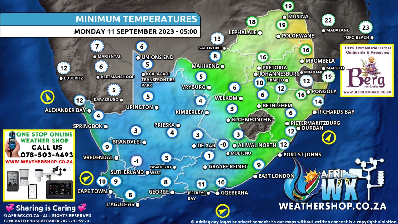 South Africa Weather Minimum Temperatures Forecast Map South Africa Monday 11 September 2023 