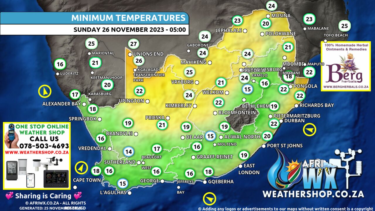South Africa Weather Minimum Temperatures Forecast Map South Africa Sunday 26 November 2023 