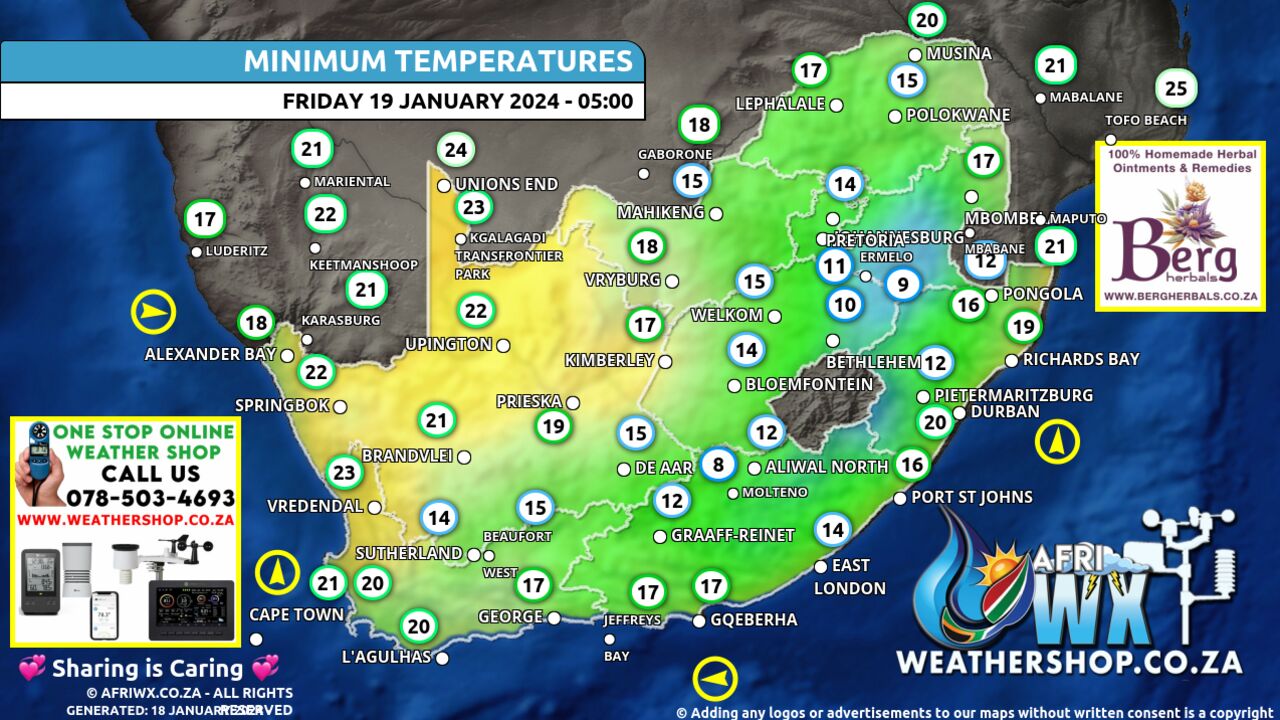 South Africa Weather Minimum Temperatures Forecast Map South Africa Friday 19 January 2024 