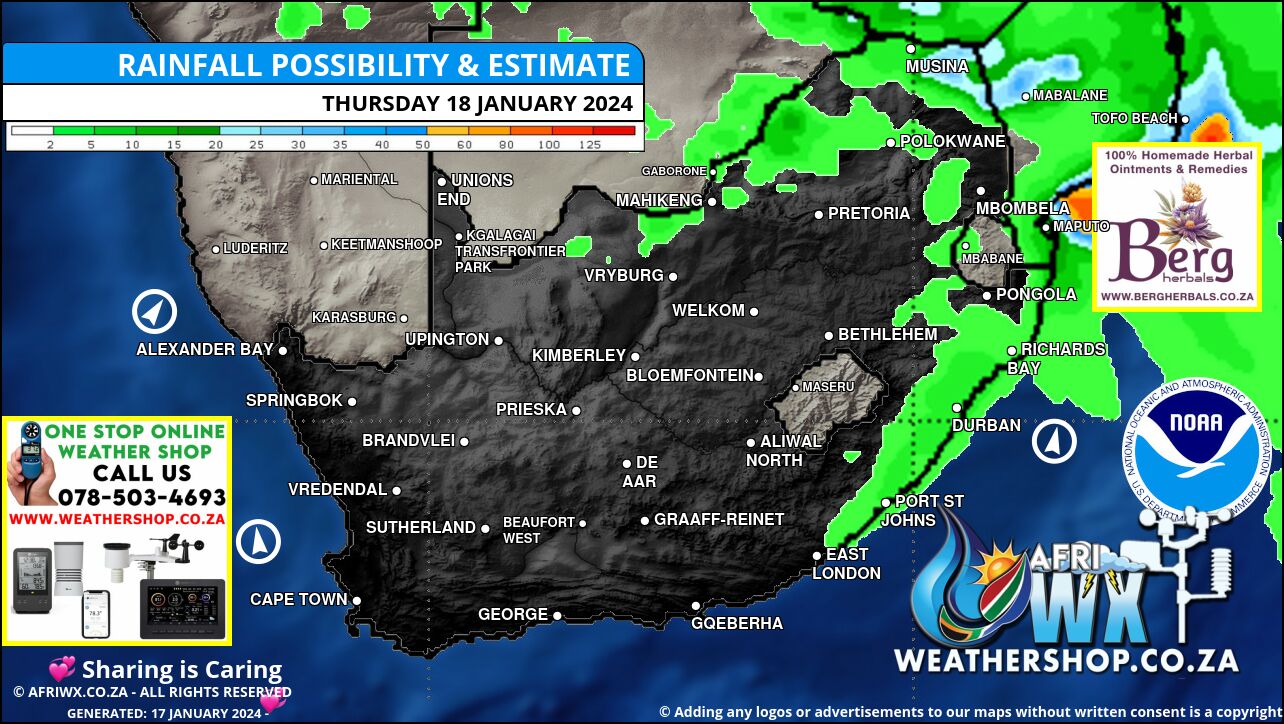 South Africa Weather Rainfall Forecast Map South Africa Thursday 18 January 2024 